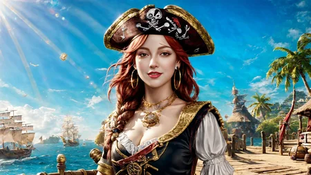 (young redhead pirate woman), (portrait), (parrot:1.2), sharp focus, (ultradetailed), (standing), (happy) smile, pirate (ship galleon:1.2, hoop earrings, gold medallion, Light Pinkpirate clothes, pirate hat, hips, pirate (village), leafy beach coast, (treasure chest with coins, gems and jewels:1.2), (rum barrel), best quality masterpiece, bright sunny sky, backlight, natural lights, high contrast, hdr, shadows, pretty, beautiful, feminine, sexy, adorable, lovely, in love, (PirateDiffusionprt:0.5), <lora:Pirate:0.3> PrateT <lora:PirateRealms:0.3> <lora:Detail Tweaker LoRA add_detail:0.8> <lora:depth_of_field_slider_v1:5> <lora:SDXLrender_v2.0:0.9>