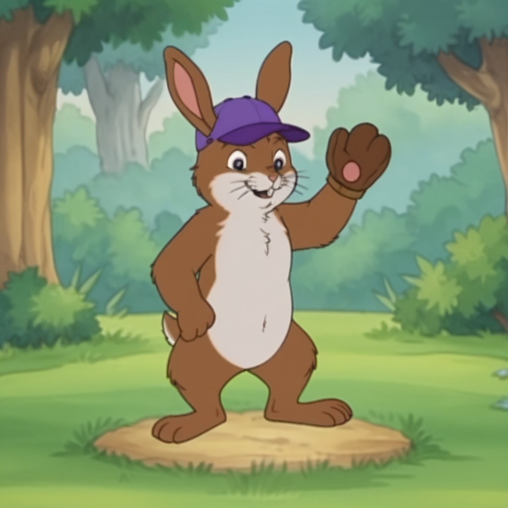 score_9, score_8_up, score_7_up, score_6_up, score_5_up, score_4_up, source_furry, rabbitfrnkln, semi-anthro, male, rabbit, brown fur, buck teeth, whiskers, outside, standing, in a forest, purple hat, baseball glove,