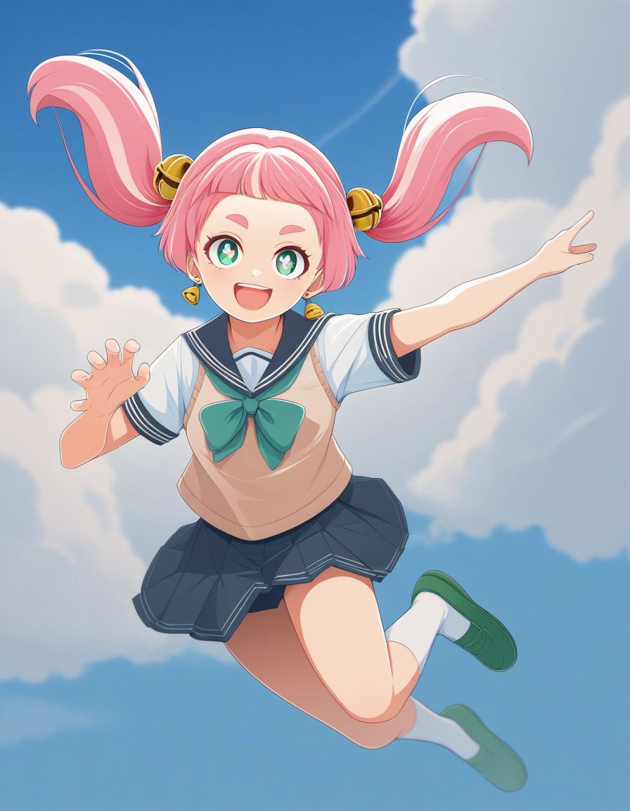 score_9,score_8_up,score_7_up, BREAK  (by ncc) , 1girl,  pigtails, loose strands,  pink hair,  symbol-shaped pupils,  green eyes,  streaked hair , green strands,   hair bell, short eyebrows, earrings,   school uniform,   solo , energetic Pose, jumping, one_hand_raised,  blue sky, looking at viewer,  cloudy sky,  happy smile ,
