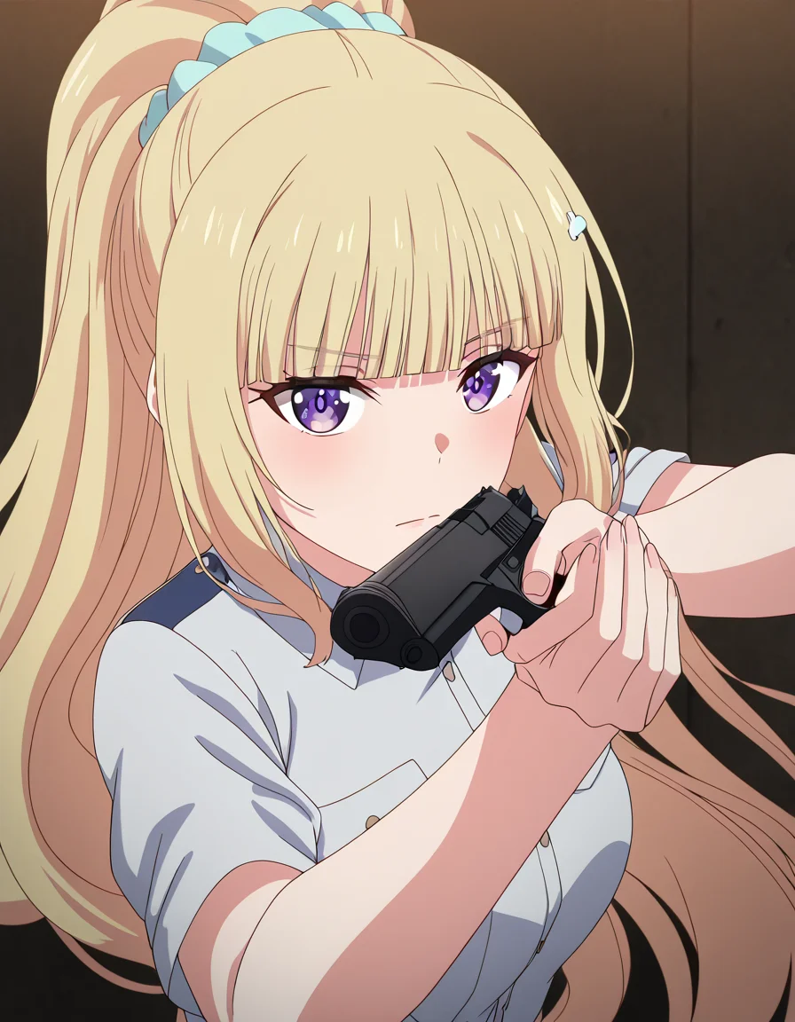 masterpiece, best quality, newest, absurdres, highres, safe,, <lora:kei-karuizawa-anime-s2-ponyxl-lora-nochekaiser:1>, kei karuizawa, long hair, bangs, blunt bangs, purple eyes, blonde hair, hair ornament, ponytail, scrunchie, blue scrunchie, medium breasts, anime screencap, <lora:center-axis-relock-stance-illustriousxl-lora-nochekaiser:1>, center axis relock stance, looking at viewer, holding, closed mouth, weapon, holding weapon, gun, holding gun, handgun, aiming, finger on trigger, aiming at viewer, m1911,, ,