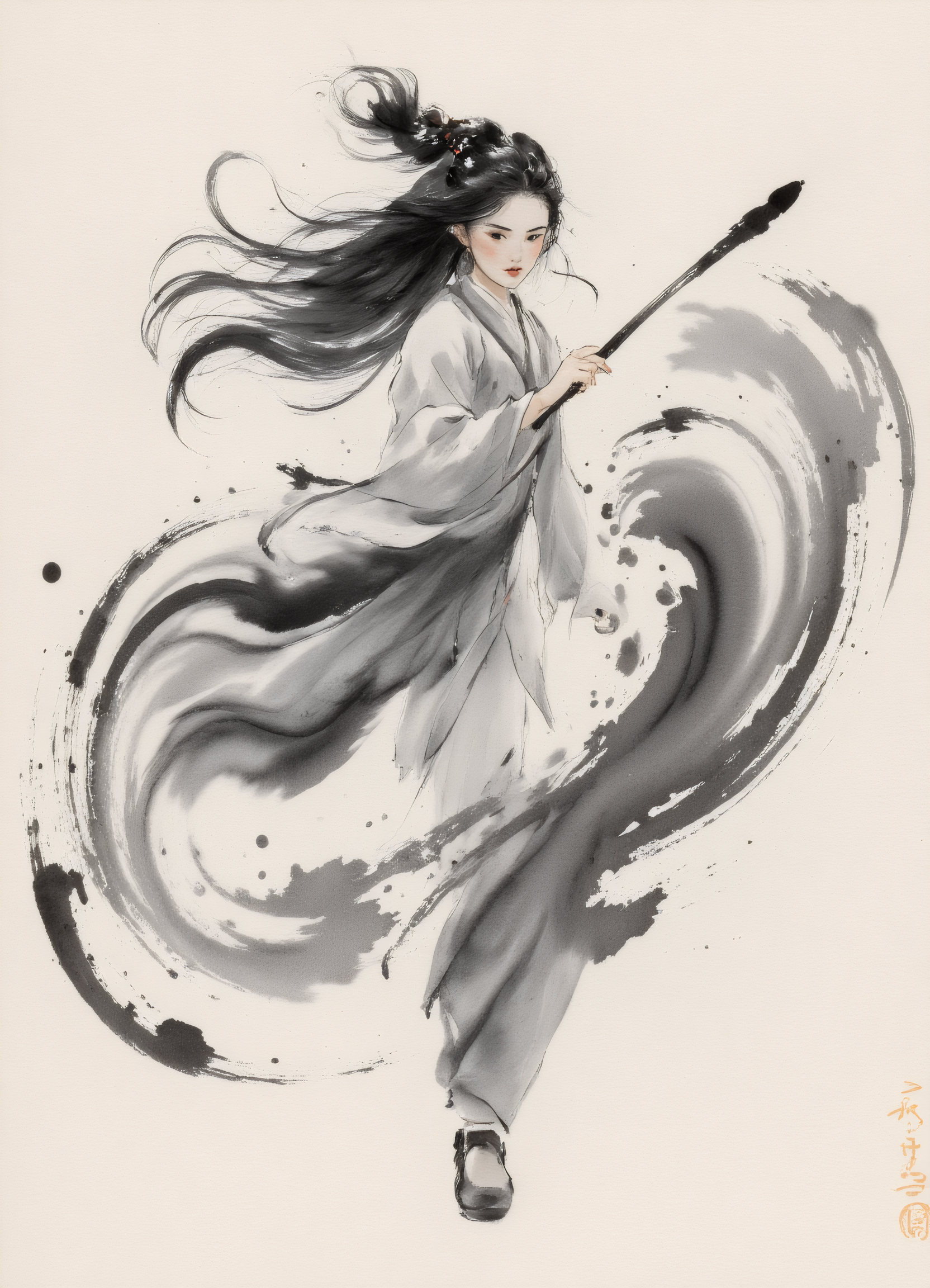 zydInk, , a Chinese girl, dynamic pose, long hair, with a furrowed brow and narrowed eyes. holding a large writing brush, writing on a paper, looking at paper. abstract and dynamic background, swirling ink strokes, motion and energy around the figure, snowflakes floating in air.