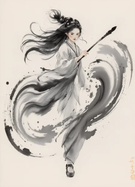 zydInk, , a Chinese girl, dynamic pose, long hair, with a furrowed brow and narrowed eyes. holding a large writing brush, writing on a paper, looking at paper. abstract and dynamic background, swirling ink strokes, motion and energy around the figure, snowflakes floating in air.