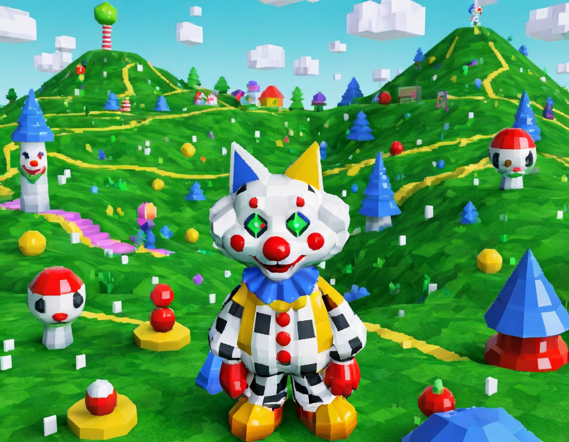90sgum, clown cat character old retro game 3d, polygonal, pixelated, lo-fi, green hills backdrop, shapes and patterns, professional photosession for magazine  <lora:90sgum_v0.0.2-cap-e30:0.8>