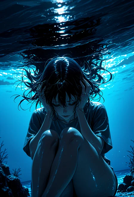 masterpiece, best quality, good quality, newest, highres, cinematic, volume light, jh-illu, horror, dutch angle, from below, perfect hands, limited palette, blue and grey, blacklight, 1girl, long black hair, floating hair, wide hips, grey t-shirt, sit, hands on head, hair on face, head down, knees to chest, crossed legs, under water, ocean floor, <lora:Junji_Hybrid_Horror_Illu_Edition:1>,  <lora:Hand_XL:0.7> , <lora:Aura_r1:0.7>