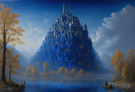 <lora:parrishstyle:0.9> (absurdres, masterpiece, biggest quality) award winning painting of a floating castle in the air, epic composition, detailed, parts made of deep blue crystal, intricate, the greatest painting ever