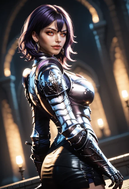 score_9, score_8_up, score_7_up, zPDXL2, zPDXLrl,
1girl, solo, d4rk4m3thyst, orange eyes, purple hair, crossed bangs,
((d4rkkn1ght, armor, skirt, gauntlets, thighhighs, earrings)),
(blurry background, castle, depth of field), ((naughty expression, dynamic pose, looking at viewer, from side, dutch angle)),
erotic, elegant, sensual, seductive, bright colors, high contrast, dark background, vivid lighting,
<lora:Dark_DarkKnight_Pony_v1.0:0.75>, <lora:Dark_Amethyst_Pony_v0.1:0.5>