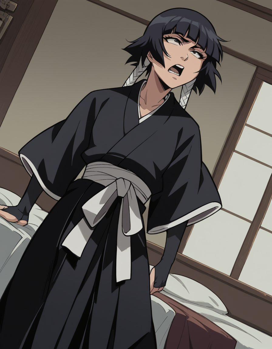 score_9, score_8_up, score_7_up, source_anime, <lora:soifon-anime-ponyxl-lora-nochekaiser:1>, soifon, short hair, bangs, black hair, short hair with long locks, black eyes,, gloves, japanese clothes, elbow gloves, hakama, black hakama, haori, black kimono, long sleeves, wide sleeves, black sleeves,, bedroom, alarm clock, morning routine, yawning, stretching, on bed,, , , foot crossed over, hand behind back, knee bent, solo,, cowboy shot, dutch angle