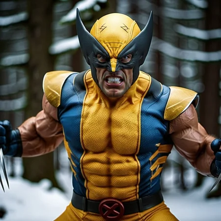 WolverineV2-1024, a man dressed as wolverine, close up face portrait claws, in winter canadian forest, highly detailed, photography, ultra sharp, film, bokeh, professional, 64k <lora:WolverineV2-1024:0.8>