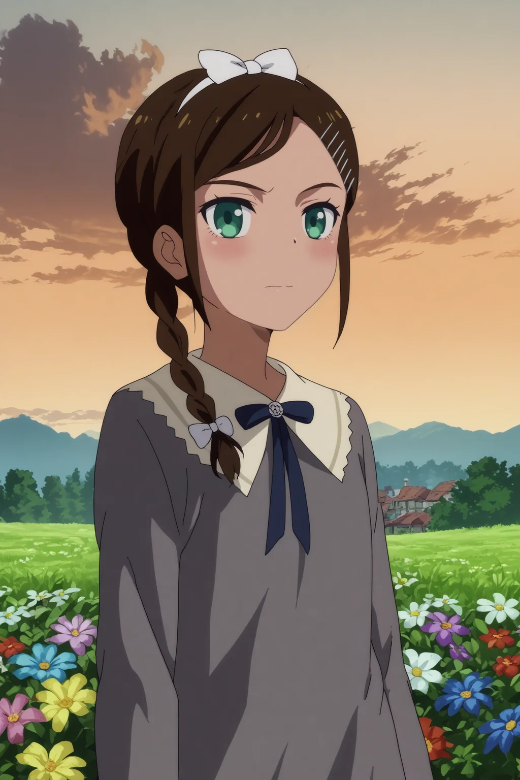  aonuma neiru,1girl,solo,smile,hair ornament,flower,hairclip,dark skin,short hair,braid,dress,twin braids,hair bow,long sleeves,upper body,looking back BREAK outdoors,sunset,orange sky,cityscape     <lora:Aonuma_Neiru_-_Wonder_Egg_Priority.safetensors:0.8> <lora:detailed_backgrounds_v2.safetensors:0.5>