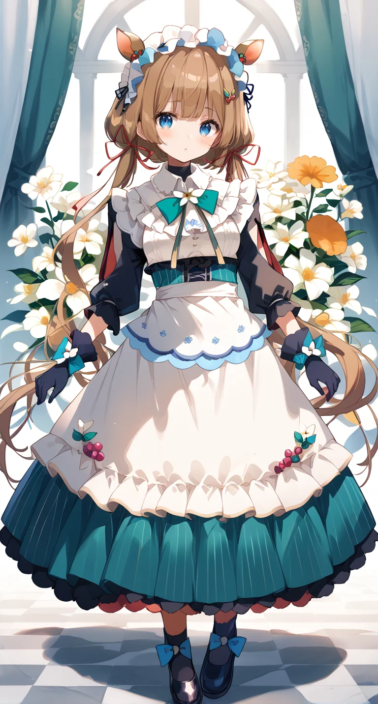 score_9,score_8_up,score_7_up,
official art,official style,game cg,megami magazine,
1girl,
eli conifer,
animal ears,apron,bangs,black footwear,black gloves,blue bow,blue eyes,
blush,bow,brown hair,deer ears,frills,gloves,hair ornament,hair ribbon,
long hair,long sleeves,low twintails,maid,maid headdress,puffy sleeves,red ribbon,
ribbon,skirt,twintails,waist apron,white apron,white background,white dress,white flower,
standing,
<lora:eli_conifer_pony_v1:1>,