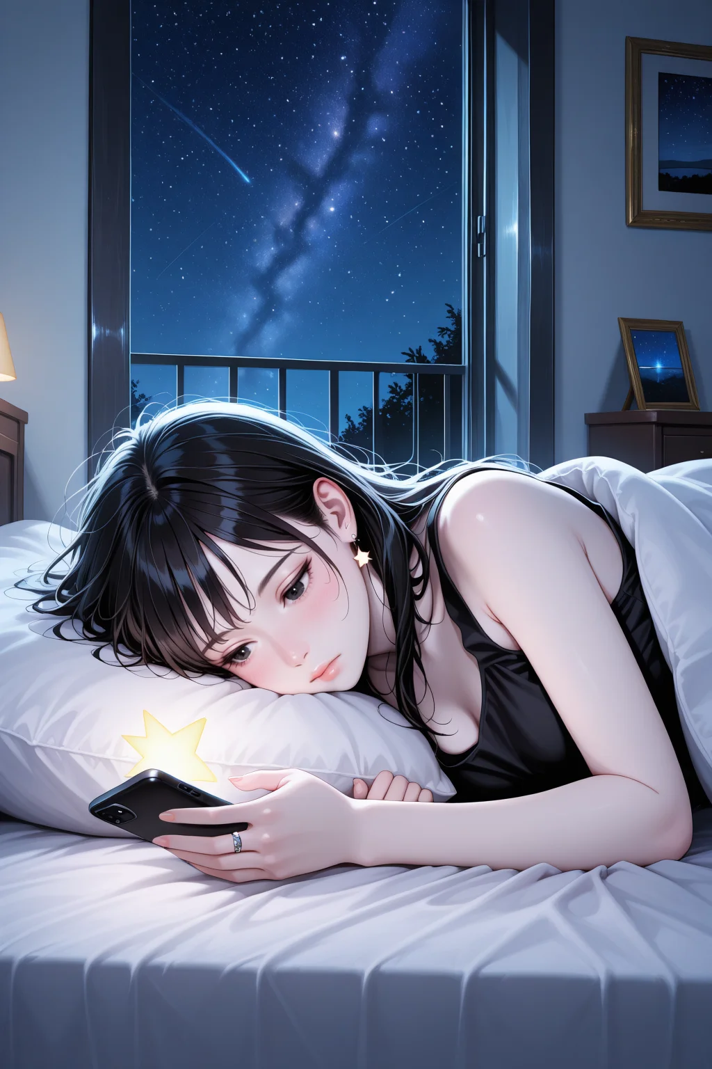 embedding:lazypos,perfect eyes, vivid colors, vibrant colors,
retro artstyle, smooth edges, 1girl, solo, long hair, blush, black hair, dress, holding, bare shoulders, jewelry, closed mouth, upper body, earrings, lying, sky, sleeveless, indoors, star \(symbol\), black eyes, black dress, sketch, lips, pillow, bare arms, window, bed, night, bed sheet, on bed, on side, looking away, expressionless, phone, ring, cellphone, tank top, on stomach, messy hair, pale skin, star \(sky\), night sky, smartphone, starry sky, holding phone, oekaki, realistic, nose, blanket, dark, bedroom, under covers, picture frame, looking at phone <lora:TrendCraft_The_Peoples_Style_Detailer-v1.0A-3_13_2025-illustrious:0.2>
