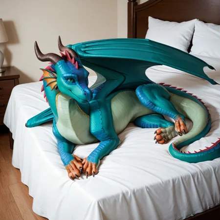 core_9, score_8_up, score_7_up, score_6_up, masterpiece, high quality, realistic, detailed, best quality, 1girl, solo, rating_safe, source_furry, negative_hand, bedroom, smiling, seductive, looking at viewer, lying on bed, Rainwing, dragon, ear ruffs, head fins, scales, horn, claws, wings, tail, feral, Glory, green scales, female, orange feet, (full body:1.1) green eyes