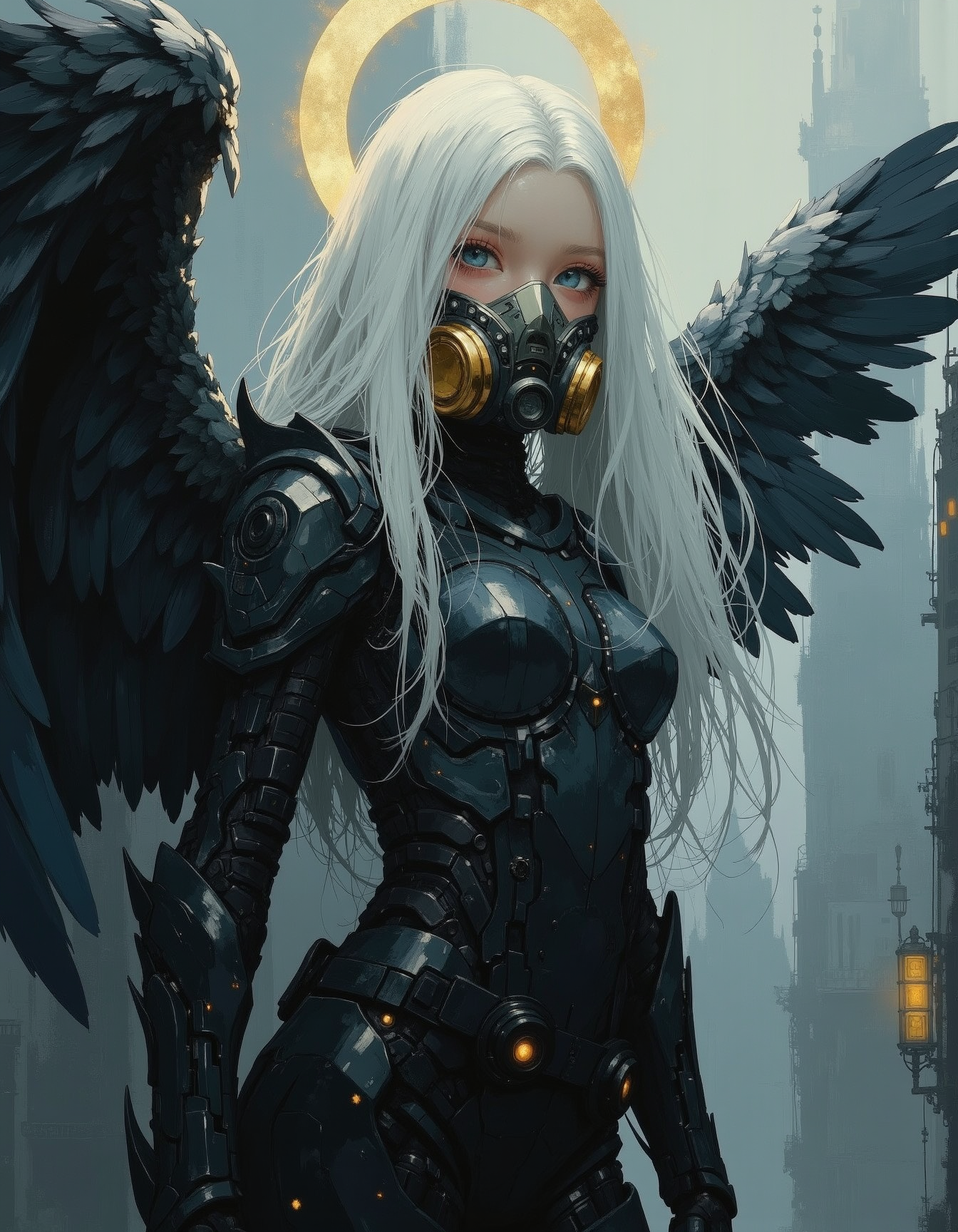 masterpiece, high quality, Oil Painting, Hyper-realistic, hyper-detailed oil painting, a divine young teen angel who is wearing a futuristic sleek black armor. She has a gold halo. A Her face is utterly serene. She is wearing a gold futuristic gas mask. Her face is pale, almost translucent white. She has bright glowing blue eyes, and flowing white hair. The angel's wings, vast and intricately feathered, shimmer with iridescent hues. She is flying over a foggy futuristic cyberpunk city. Focus on the girl, shadow and light, Masterpiece, intricate lines, intriguing atmosphere, sharp magnificent details, delicate features, elaborate details, (2/3 rule composition:0.5), ultra detailed, romantic, Rembrandt lighting, brush stroke, lovely, novuschroma, in the style of Rembrandt. vantablack <lora:style_of_Rembrandt_FLUX_135:.3> <lora:- Flux1 - vanta_black_V2.0:.6> <lora:neeeg_f1:-1> <lora:113_novuschromaFLX_1:.3> <lora:Midjourney_Whisper_Minimal:.4> <lora:s1n0z1ck-flux-test-lora:1>