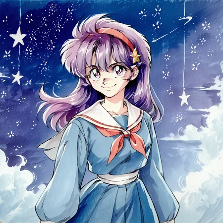 score_9, score_8_up, score_7_up, score_6_up, score_5_up, score_4_up, source_anime, <lora:Asamiya_Athena_KOF98:0.7> asamiya athena, purple eyes, purple hair, long hair, red hairband, dark blue serafuku, long skirt, long sleeves, cowboy shot, IoIi, retro artsyle, (red:1.1) ribbon, star hair ornament, traditional media, smile, <lora:Ippongi_Ban_Artist_Style_PonyXL:1.2> <lora:ZB_Watercolorv1:0.6> Watercolor
