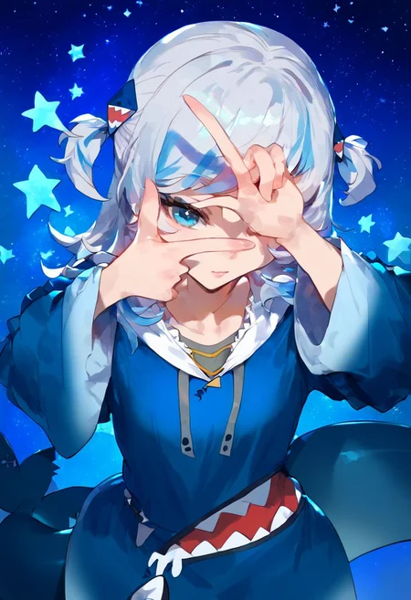 core_9, score_8_up, score_7_up, comics masterpiece, 4k, high quality, ((solo)), finger frame, midnight with stars background
gawr gura, blue hoodie, two side up, shark hair ornament, shark tail