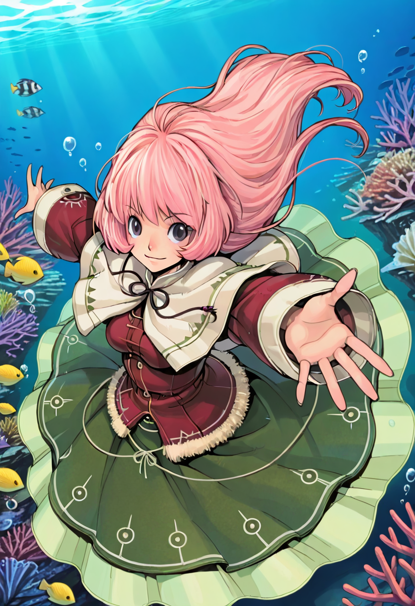 1girl, solo, ameli inotia 3, pink hair, red shirt, fur trim, capelet, white capelet, long skirt, layered skirt, green skirt, 
swimming, outstretched arms, reaching towards viewer, perspective from above, calm expression, underwater, bubbles, coral, tropical fish, soft lighting, motion effect
 <lora:Character_Ameli-000015:0.85>