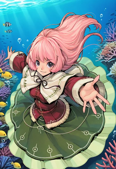 1girl, solo, ameli inotia 3, pink hair, red shirt, fur trim, capelet, white capelet, long skirt, layered skirt, green skirt, 
swimming, outstretched arms, reaching towards viewer, perspective from above, calm expression, underwater, bubbles, coral, tropical fish, soft lighting, motion effect
 <lora:Character_Ameli-000015:0.85>