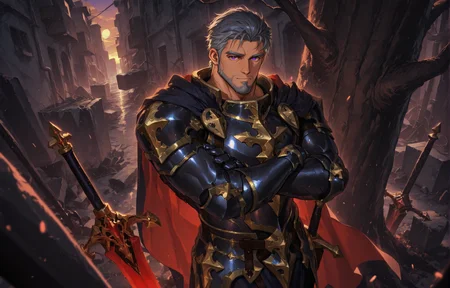 <lora:Lifeline_Style_V2_Illu_Edition-000015:1>, (llv2-illu), leaning against a tree with arms crossed, slums, evening, Aerial view
<lora:face_Cadanova_Alchemist_Code_repair-000003:.6>, (tagatamecadanova, 1boy, short hair, grey hair, purple eyes, solo, male focus, mature male, muscle body, bara, armor, cape, greadsword, holding sword,)
looking at the viewer, cowboy shot, 
(very short hair, beard, bara, mature, facial hair, stubble, beard, full beard, sideburn, beard, a lot of beard, ), facial hair,male focus, muscular male, muscular male, bara, mature,  bara, mature, aixiwuganda_(20222192), very awa, masterpiece, best quality, absurdres, newest, perfect quality, detailed background, intricate details,
<lora:slider_Body Type_alpha1.0_rank4_noxattn_last:3><lora:Anime Summer Days 2 Style SDXL_LoRA_Pony Diffusion V6 XL:.6><lora:slider_cfg_scale_boost:.7><lora:Artist6p:.55>, Artist6p, Artist04p,<lora:slider_il_brightness_slider_d1:-1><lora:slider_il_contrast_slider_d1:-1><lora:slider_DarkSlider1.2_alpha1.0_rank16_full_300steps:-.6>