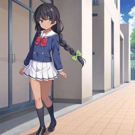 outdoors, <lora:taiga_sengoku_pony:0.8> taiga_sengoku, flat_chest, dark_skin, long_hair, black_hair, single_braid, green_bow, hair_bow, blue_eyes, school_uniform, white_sailor_collar, blue_jacket, long_sleeves, red_bow, pleated_skirt, white_skirt, black_socks, black_footwear, walking
