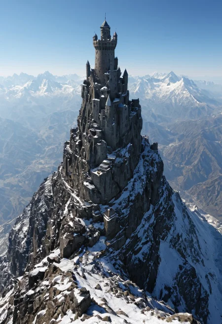 <lora:TheWeirdies_epoch_10:0.55> , advntr , epiCPhotoGasm-colorfulPhoto,
score_9, score_8_up, score_7_up, score_6_up
Durlag's Tower was hollowed out the mountain for the rock that made up his tower and used the space created to hide further treasure. This local landmark was the isolated keep of within the remains of the tower and used the defenses created by Durlag to keep both itself and the treasure safe. Some claimed that this creature was a lich.
no humans
(Tower fortress high on the highest peak of the highest mountain with all other sharp and snowing peaks far below . The tower looks out over a side vista of the tops of countless mountains in a huge range like the Himalayas, snow and frost cover every surface. ) ((maximum detail, supreme quality, 4k, best clarity))