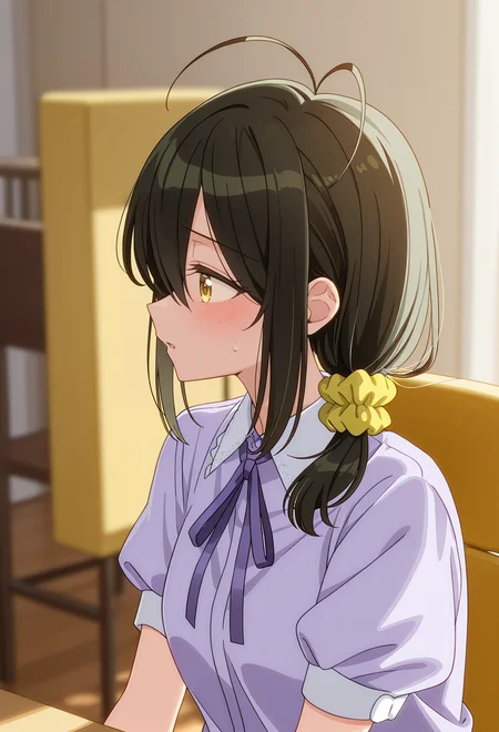 <lora:KOTONO SHIUNJI_illustrious-000018:1>,
KOTONO SHIUNJI,solo,scrunchie,shirt,hair scrunchie,hair ornament,short sleeves,ribbon,white shirt,neck ribbon,upper body,indoors,blush,purple ribbon,blurry,collared shirt,ahoge,yellow scrunchie,blurry background,antenna hair,profile,parted lips,chair,sweatdrop,hair between eyes,puffy sleeves,lavender shirt