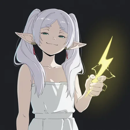 (masterpiece, high quality, amazing detail), highres, you can just give this kind of thing to men and they will be thrilled (meme), 1girl, frieren, elf, twintails, pointy ears, white dress, smug, holding, stylized yellow lightning bolt symbol, glowing, dark background