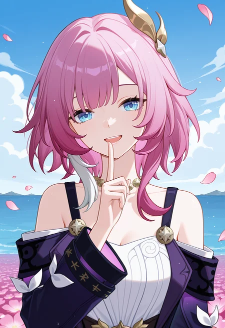 <lora:cyrene_illustrious-000060:1>,
cyrene \(honkai: star rail\),solo,dress,white dress,looking at viewer,long sleeves,smile,bare shoulders,hair ornament,jacket,jewelry,outdoors,sky,flower sea,upper_body,upper teeth only,hand_to_mouth,shushing,falling petals,