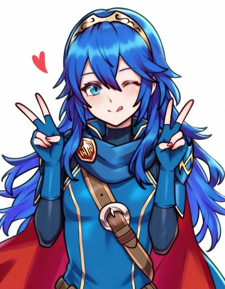 rotomwake,
wink, tongue out, peace sign, Lucina (Fire emblem), blue hair