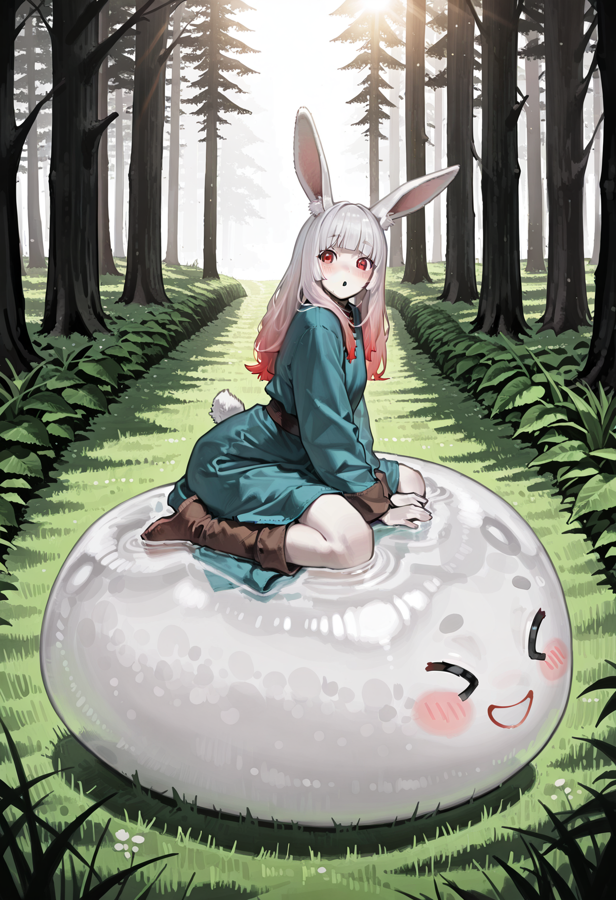 1girl, rabbit ears, ((white hair), red hair, gradient hair), long hair, blunt bangs, red eyes, detailed eyes, (pale skin),
tunic,
full body, riding on a large round slime, straddling a slime, /(slime making "^_^" face and blush/), /(girl making ":o" face/), volumetric lighting, forest, sunlight, trees, grass,
side view, from above,
<lora:K_o465-_styleIL:1>, ko465style,  masterpiece,best quality,amazing quality,