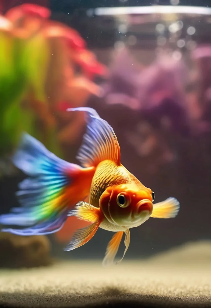 ral-chrosc-clr, photo of a goldfish in an aquarium rainbow, very detailed, 4k, uhd, masterpiece