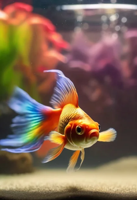 ral-chrosc-clr, photo of a goldfish in an aquarium rainbow, very detailed, 4k, uhd, masterpiece