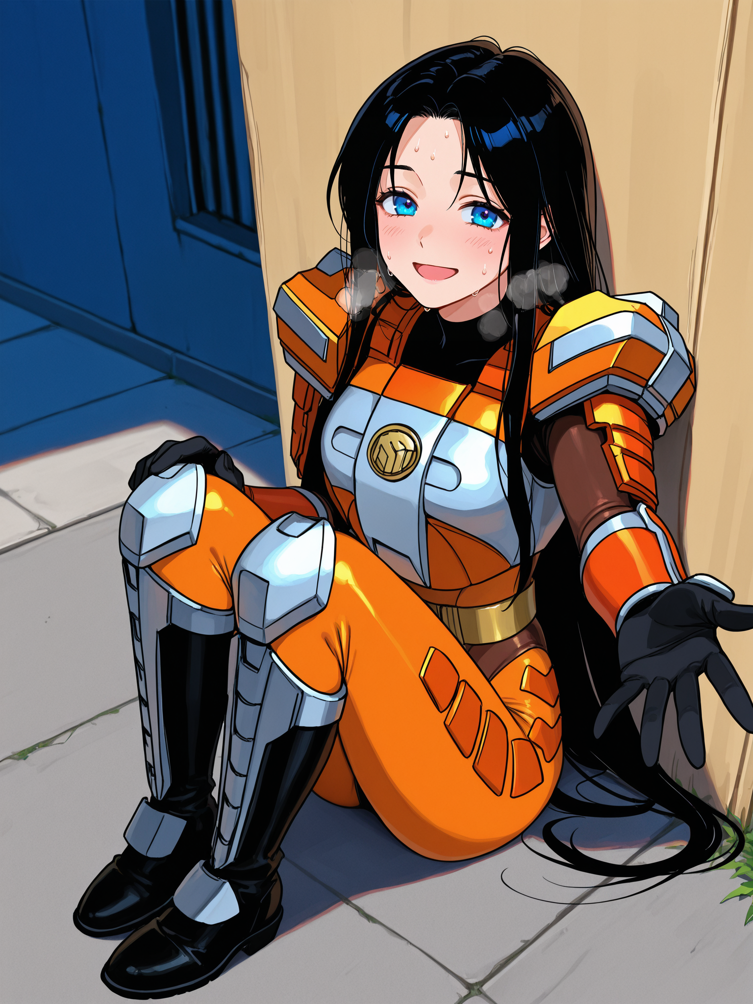1girl, solo, sazervisuel, orange bodysuit, brown leotard, belt, armor, gauntlets, black gloves, boots, <lora:Sazer_Visuel:1>, BREAK,
black hair, parted bangs, hair intakes, very long hair, blue eyes, BREAK,
looking at viewer, sweat, exhausted, smile, open mouth, heavy breathing, BREAK,
sitting, knees to chest, on floor, against wall, full body, reaching towards viewer, BREAK,
from above, outdoors, city, alley