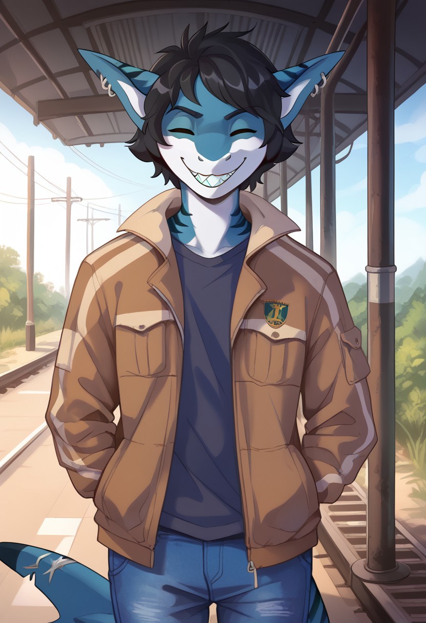 <lora:Scappo_Style_v2_PonyXL:0.8> by scappo, scappo,  score_9, score_8_up, score_7_up,1boy, solo, lunarsunxl,  anthro shark,dark blue skin, stripes on the body, short hair,lush hair,black hair, green eyes, shark tail, ear piercing, BREAK, light jacket, blue jeans, looks at the viewer, smiles broadly, shark teeth, closed eyes, happy face, Hand gesture bye, background railway peron, railway station,