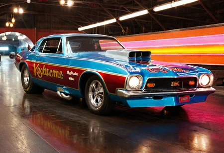 VintageMuscleCar gleaming dragster tunnel, side view, bright headlights, neon lights, glass background, light reflections, 4K, highly detailed, closeup (stylish grainy analog film photo 35mm vintage Kodachrome)
