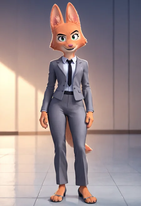 <lora:DreamWorks_Furry_Mix:0.6>, score_9, score_8_up, score_7_up, score_6_up, BREAK
source_furry, DianeFoxington, 1girl, grey suit, full body, (front view:1.2), looking at viewer, smile, perfect face