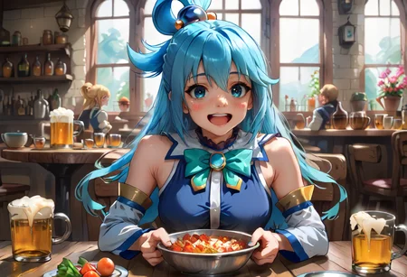 score_9,score_8_up,score_7_up,score_6_up,score_5_up,score_4_up,<lora:Anime_Style_For_Pony:0.5>,source_anime,<lora:aqua_konosuba_pony:0.9>,aqua_konosuba_pony,perfect eyes,1girl,aqua bow,aqua bowtie,bare shoulders,beer mug,blue eyes,blue hair,blue skirt,blush stickers,bottle,bow,bowl,bowtie,brooch,cup,detached sleeves,flower pot,food,indoors,jewelry,katsuyamamage,long hair,looking at viewer,mug,open mouth,sitting,skirt,sleeveless,solo,table,teeth,tray,upper teeth only,v,window,