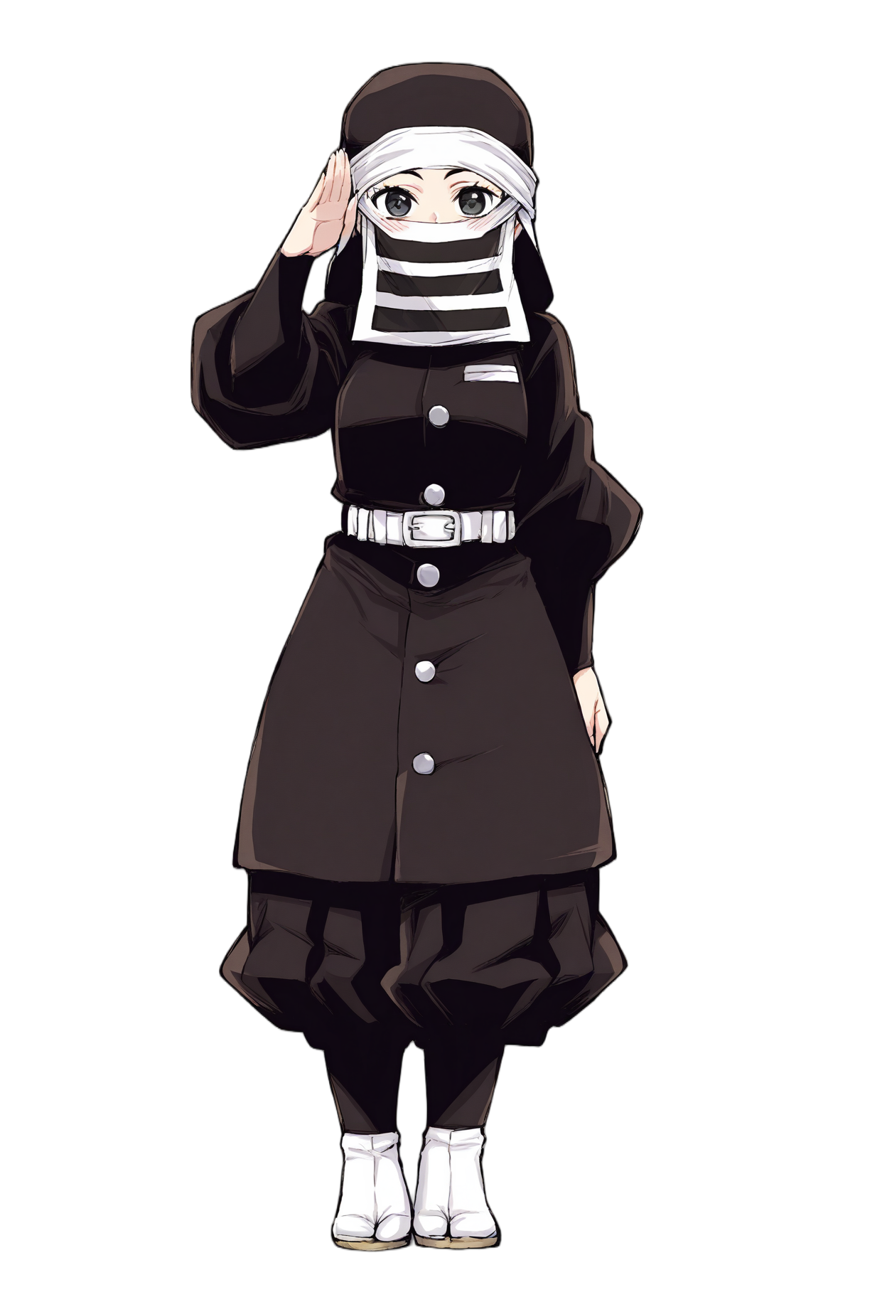 c-kakushi, black headwear, mouth mask, black uniform, white belt, black pants, tabi, zouri,