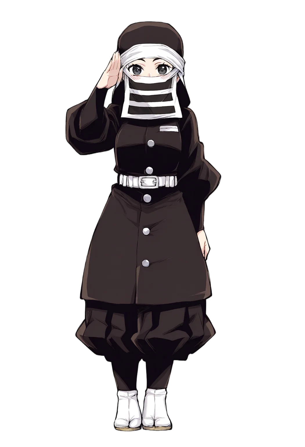 c-kakushi, black headwear, mouth mask, black uniform, white belt, black pants, tabi, zouri,