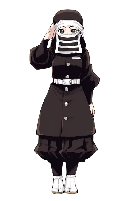 c-kakushi, black headwear, mouth mask, black uniform, white belt, black pants, tabi, zouri,