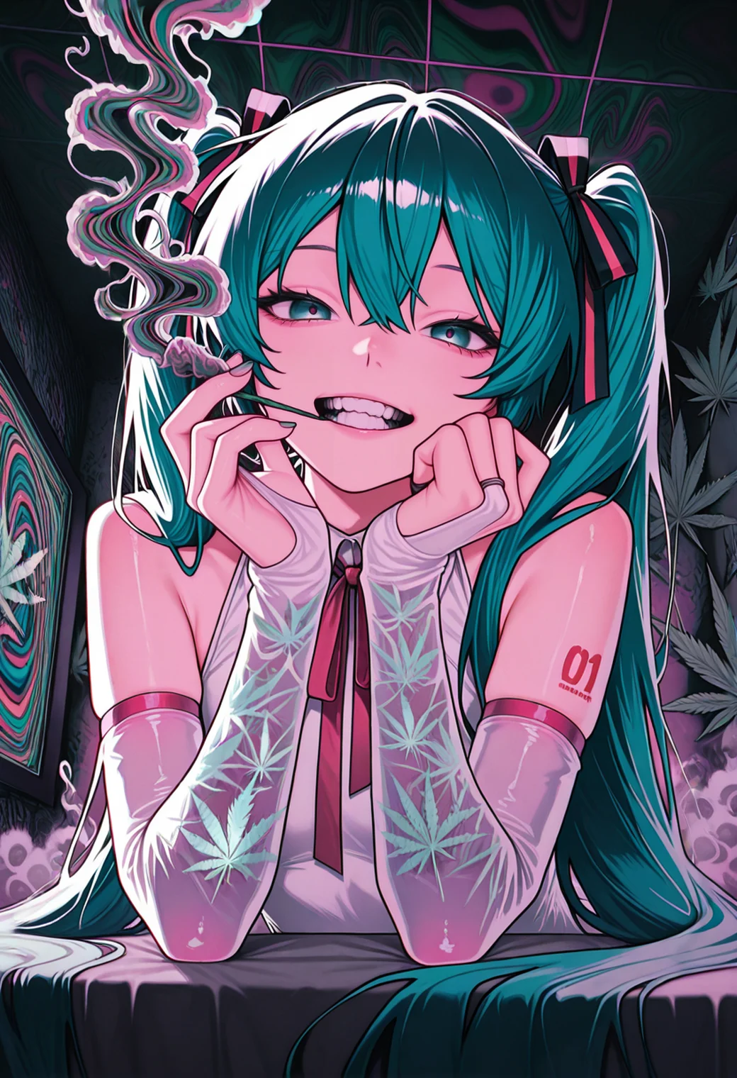 masterpiece, best quality, newest, absurdres, highres <lora:420core_illustrious_v1:1> 420core, cannabis leaf, marijuana, smoke, psychedelic,detailed_background,indoors,looking at viewer,long hair,ribbon,teeth,hatsune miku,white bridal gauntlets,1girl,ototnmw1,arm warmers