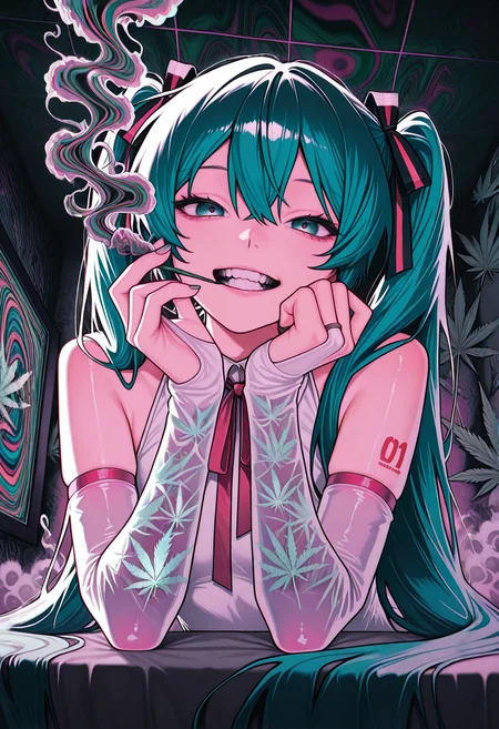 masterpiece, best quality, newest, absurdres, highres <lora:420core_illustrious_v1:1> 420core, cannabis leaf, marijuana, smoke, psychedelic,detailed_background,indoors,looking at viewer,long hair,ribbon,teeth,hatsune miku,white bridal gauntlets,1girl,ototnmw1,arm warmers