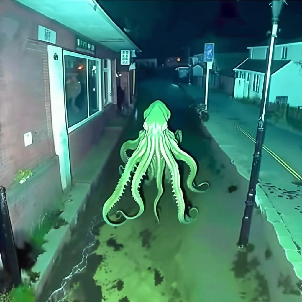 A CCTV Style photo of Cthulhu walking a watery street <lora:SDXL-CCTV-Style-Lora:0.7>