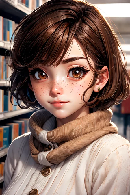closeup, face, portrait, upper body,
freckles,
shy, blush,
(short brown hair:1.1),
(library:1.1),
(brown eyes:1.4),
cozy, detailed eyes, winter sweater,
<lora:more_details:0.35>
<lora:Cosmic anime-oil fusion v2:0.35>
<lora:AnimeVibesV3:0.5> animevibes,
<lora:3DMM_V11:0.6> 3DMM
<lora:midjourney_20230624181825:0.4> midjourney, shiny, shiny hair, shiny skin, shiny clothes