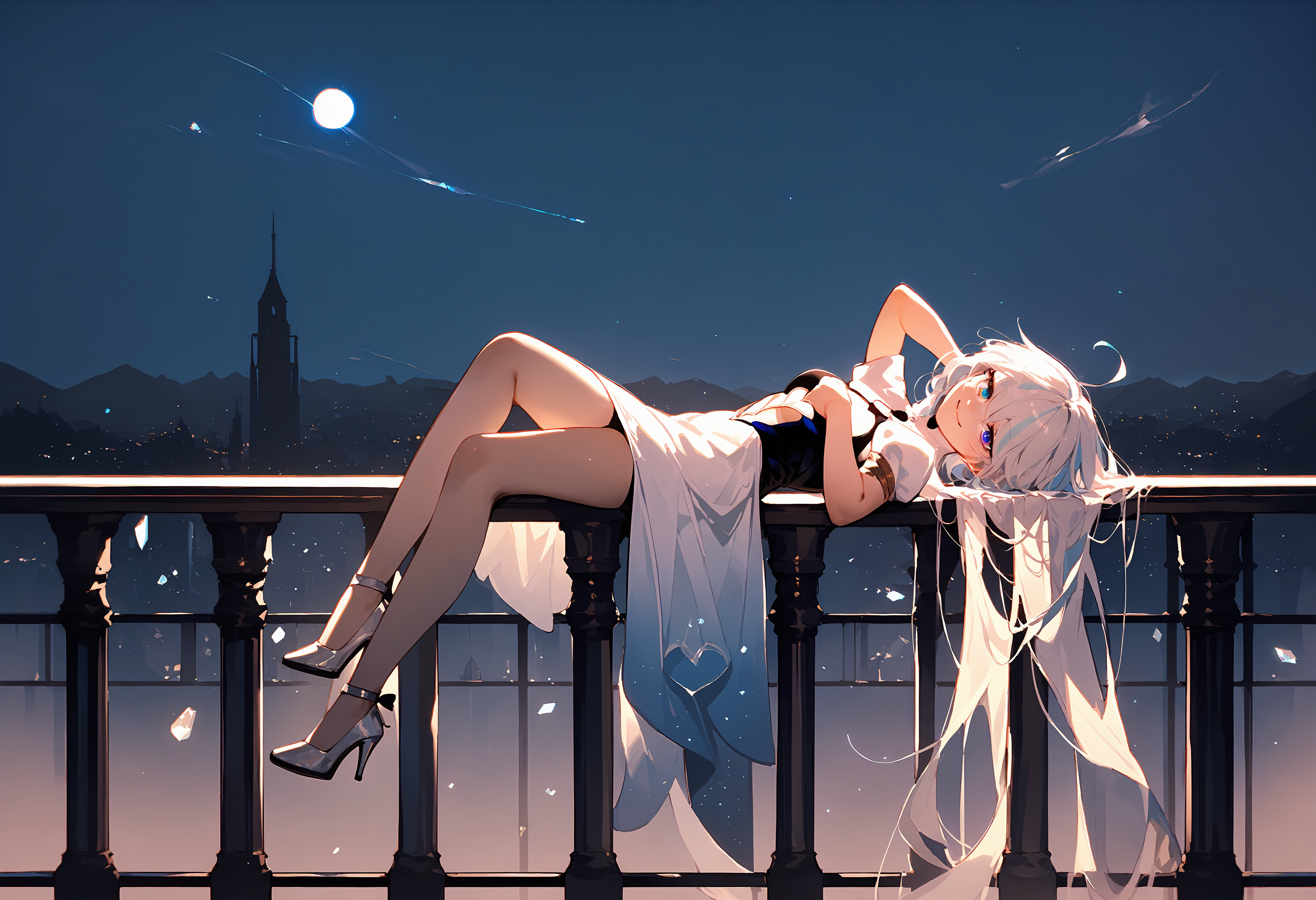 (score_9, score_8_up, score_7_up), 1girl, solo, focalors, heterochromia, cutout dress, sleeveless, crystal high heels, smile, head tilt, night sky, railing, from side, <lora:furina-giPO-v1b:0.9>,