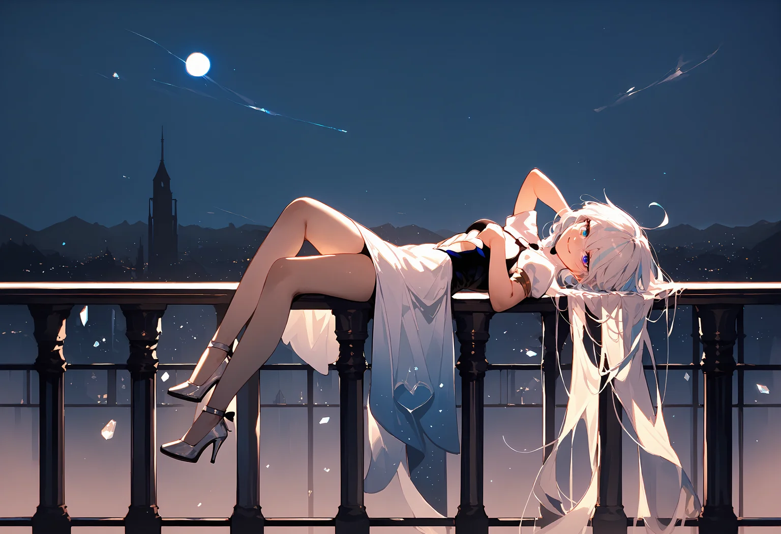 (score_9, score_8_up, score_7_up), 1girl, solo, focalors, heterochromia, cutout dress, sleeveless, crystal high heels, smile, head tilt, night sky, railing, from side, <lora:furina-giPO-v1b:0.9>,
