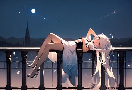 (score_9, score_8_up, score_7_up), 1girl, solo, focalors, heterochromia, cutout dress, sleeveless, crystal high heels, smile, head tilt, night sky, railing, from side, <lora:furina-giPO-v1b:0.9>,