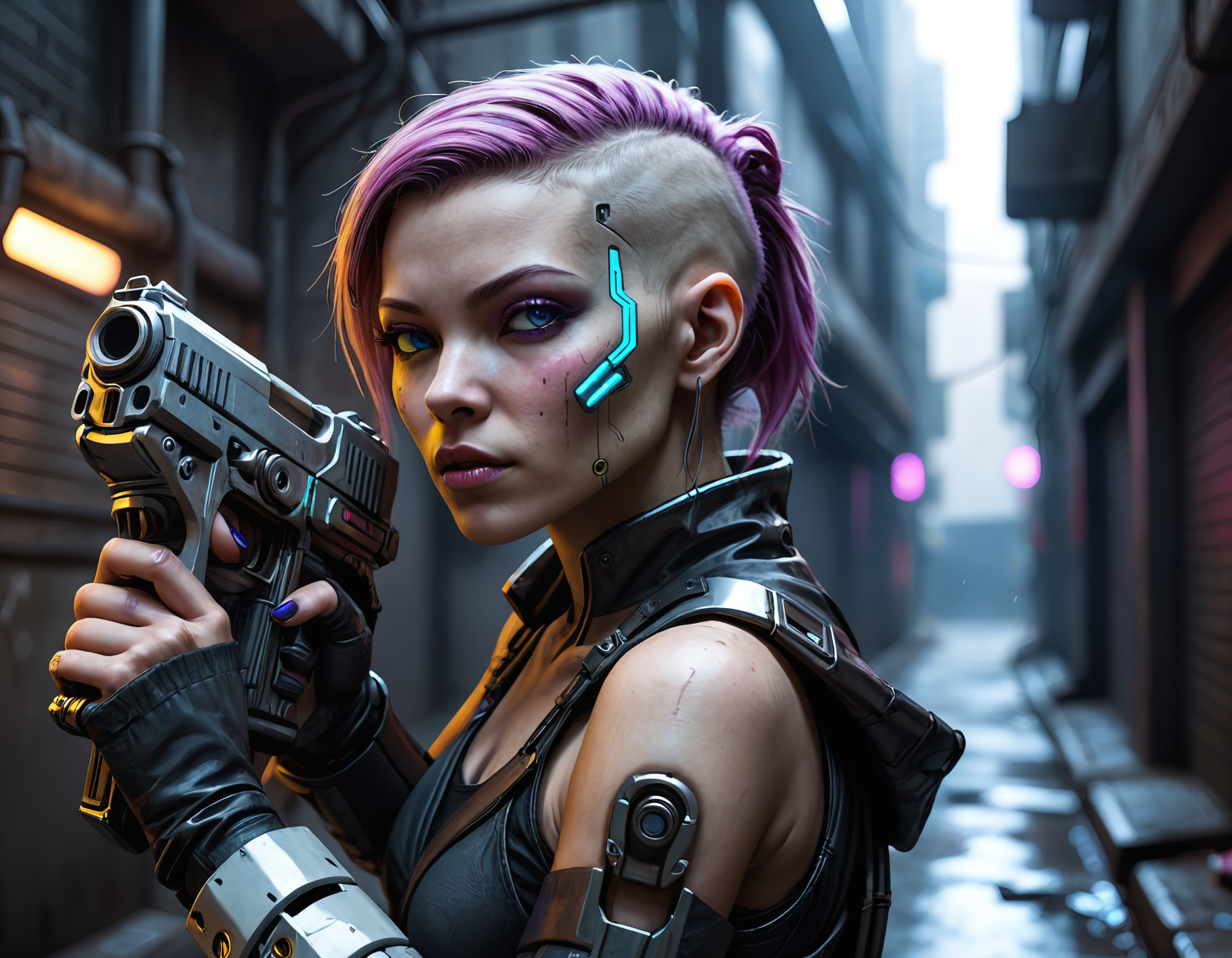 closeup of a cyberpunk woman in a dark alley holding a futuristic gun