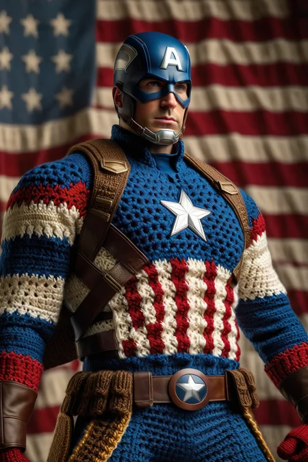 <lora:Sacha Goldberger Style:1>, <lora:CROCHETED:1> CROCHETED, Sacha Goldberger Style -High-resolution photographic image of Captain America, solely in a crocheted outfit, showcasing intricate textures and patterns. Cinematic lighting highlights his high-end, wide, flowing attire. Captain America gazes directly at the camera with sharp, intense eyes. The image is photorealistic and ultra-detailed, rendered in 8k. Captain America stands on a San Diego Comic Con stage with a large American flag in the background, the atmosphere is vibrant and lively. (Comic Action Pose:1.3), (Dynamic Camera Angle:1.3),