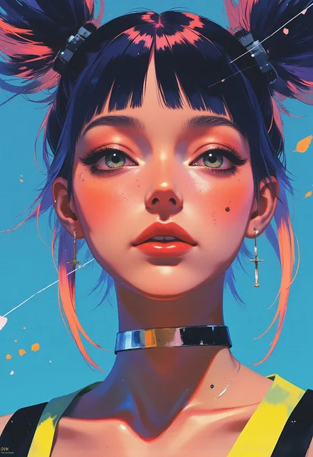 (digital drawing, highly detailed, 8K, photorealistic rendering, mixed media style) A vibrant, abstract digital drawing of a young woman with an expressive face, set against a solid cobalt blue background. The woman has fair skin with a soft olive tone, and her eyes are large, almond-shaped with deep green irises and thick, dark eyeliner. Her eyebrows are bold and arched, enhancing the intensity of her gaze. A small, black beauty mark rests on her left cheek, adding character. Her hair is styled into two high pigtails, each secured with a silver hair tie, and her bangs frame her forehead. The hair is a mix of dark indigo with streaks of electric pink, giving it a dreamlike, surreal quality. She wears a metallic silver choker, reinforcing the futuristic, edgy feel of the image. The colors in the drawing are intense and saturated, blending seamlessly to create dynamic texture. Bold, contrasting hues of neon orange, teal, violet, and lime green are used to define the contours of her face and eyes, creating a striking, modern digital art effect. The overall style features sharp, expressive lines and a vivid color palette that emphasizes emotion and modernity.