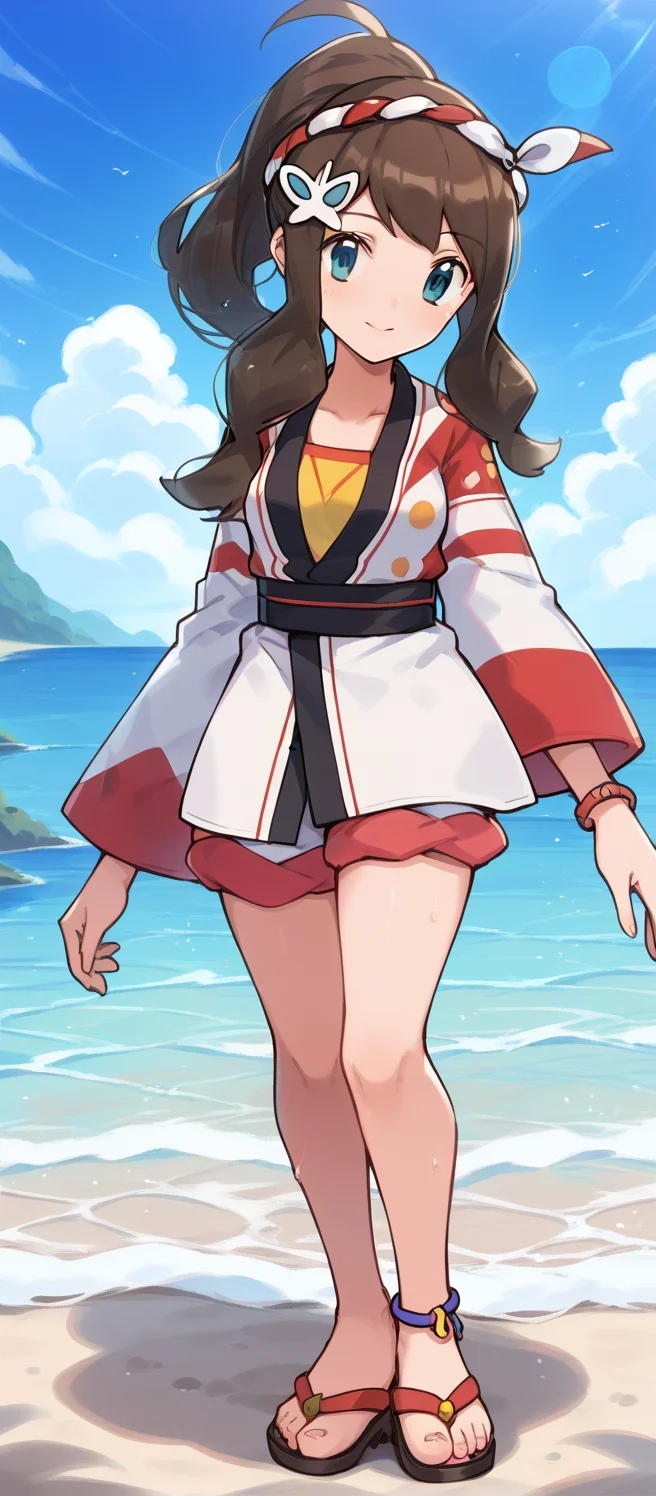 score_9, score_8_up, score_7_up,source_anime, (1girl), solo, mature female, standing, beach, colorful, close_up, medium breasts,masterpiece,amazing quality,very aesthetic,high resolution,ultra-detailed,absurdres,newest,masterpiece,amazing quality,very aesthetic,high resolution,ultra-detailed,absurdres,newest, sweat,sumhilda, def colors, blue eyes, brown hair, sidelocks, high ponytail, silver hair ornament, nejiri hachimaki, red hairband, white hairband, japanese clothes, happi, long sleeves, multicolored jacket, red jacket, white jacket, yellow shirt, two-tone shorts, (white shorts), [red shorts], blue anklet, sandals, red footwear, black footwear